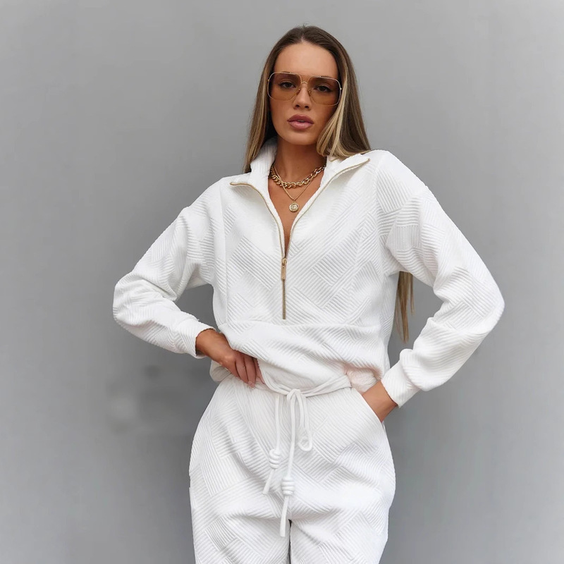 Amazon Cross-Border Casual European and American Women's Suit Solid Color Long-Sleeved Zipper Loose Top Lace-Up Trousers Two-Piece Set Amazon Cross-Border Casual European and American Women's Suit Solid Color Long-Sleeved Zipper Loose Top Lace-Up Trousers Two-Piece Set