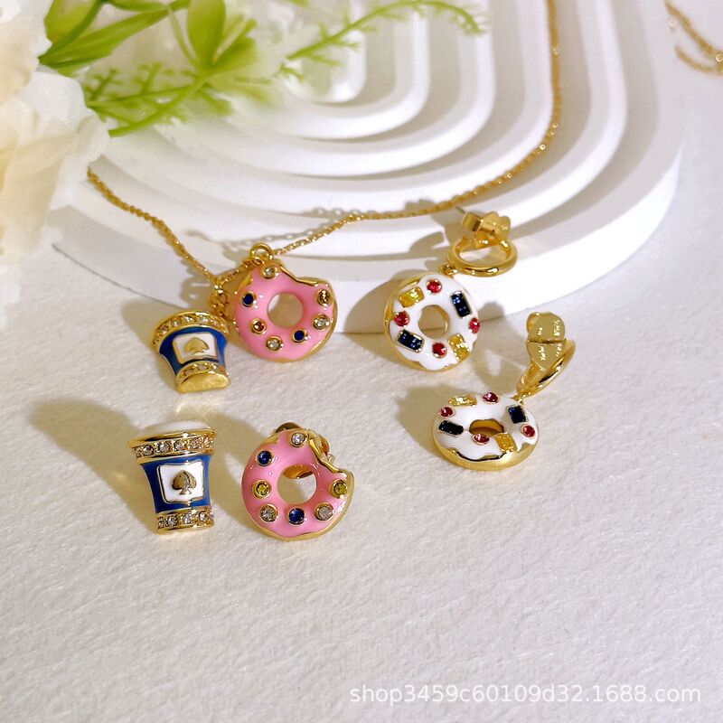 925 Silver Needle European and American Cute Sweet Style Asymmetric Enamel Glaze Donut Coffee Cup Necklace Earrings Earrings for Women