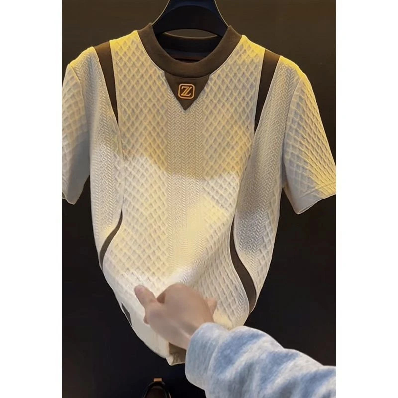 Men's Contrast Panel Letter Print T-Shirt – Breathable Cotton Blend Oversized Tee For Streetwear (M-4xl, White)_voghion.com