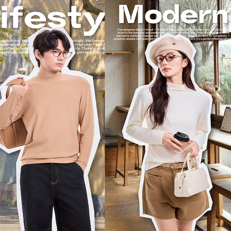 男女同款半高领打底衫纯色长袖t恤上衣圆领绒卫衣秋冬保暖