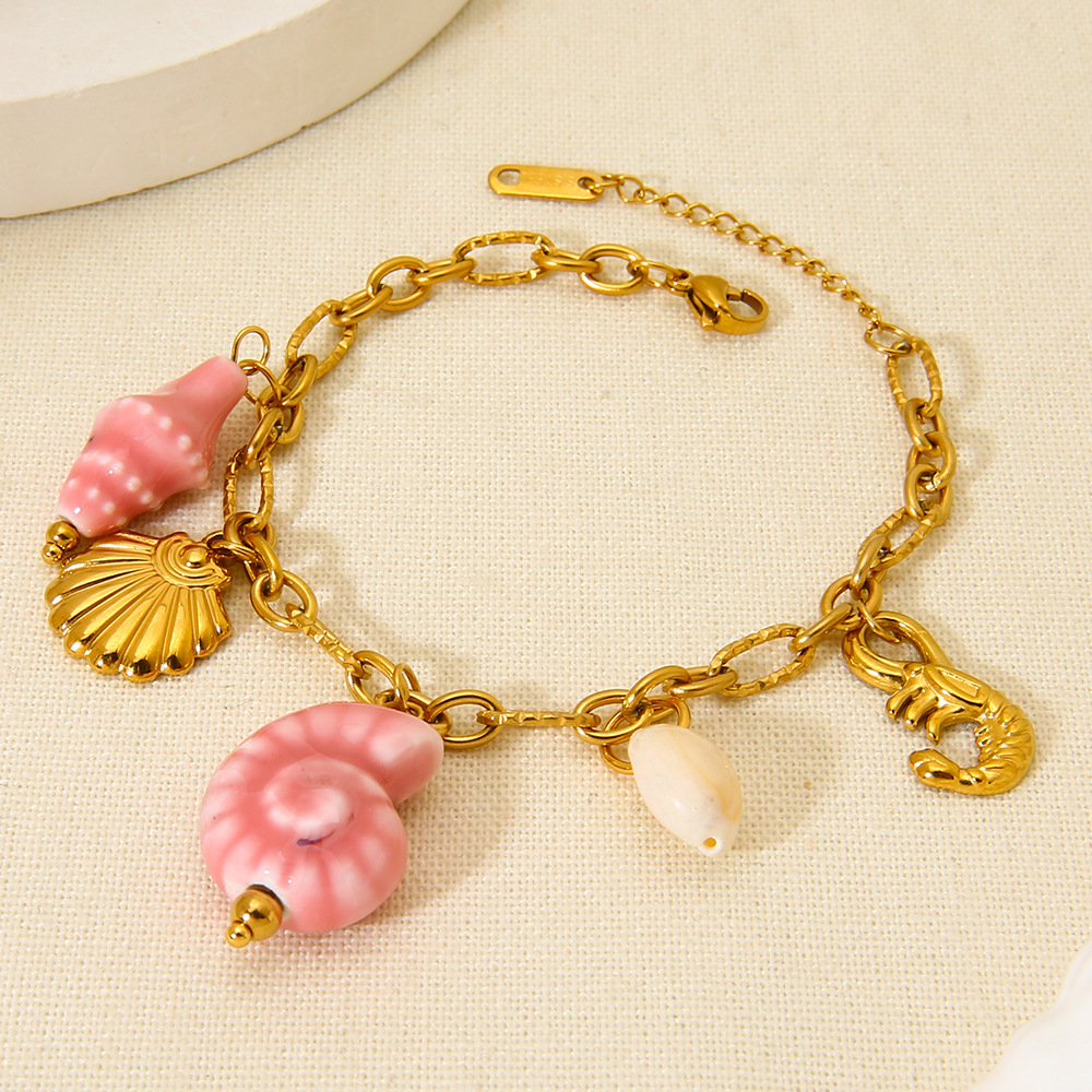 Holiday, Beach Occasion Beach Sweet Starfish Conch Shell 304 Stainless Steel Ceramics Figaro Chain Multi Charms Bracelet In Bulk
