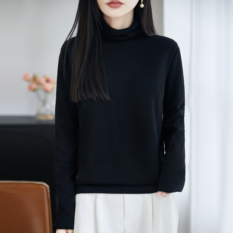 100% cotton high-neck knit sweater for women, black, loose fit, stacked collar, long-sleeved, warm base shirt for autumn and winter 100% cotton high-neck knit sweater for women, black, loose fit, stacked collar, long-sleeved, warm base shirt for autumn and winter