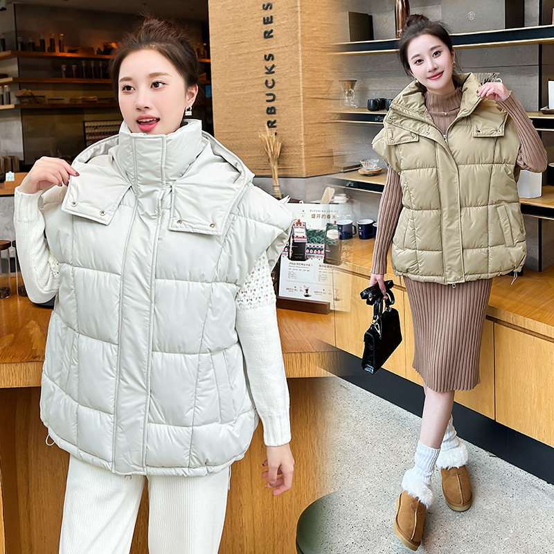2024 transfronterizo Europa y los Estados Unidos nueva ropa de mujer de color sólido con cremallera bolsillo chaleco de algodón de moda con capuchón temperamento chaqueta de viaje