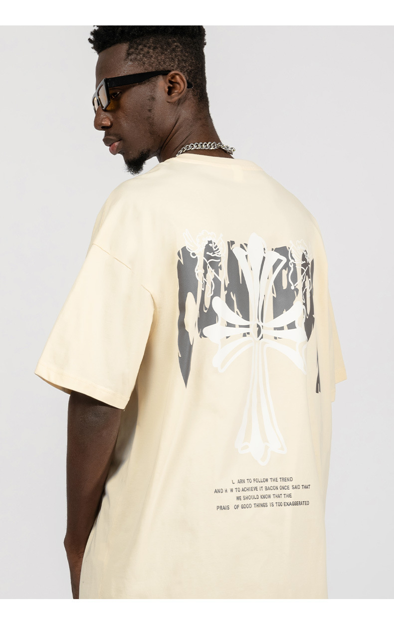 Camiseta masculina com estampa cruzada American Street 220gt, manga curta, tamanho solto, moda hip hop, estilo casal_voghion.com