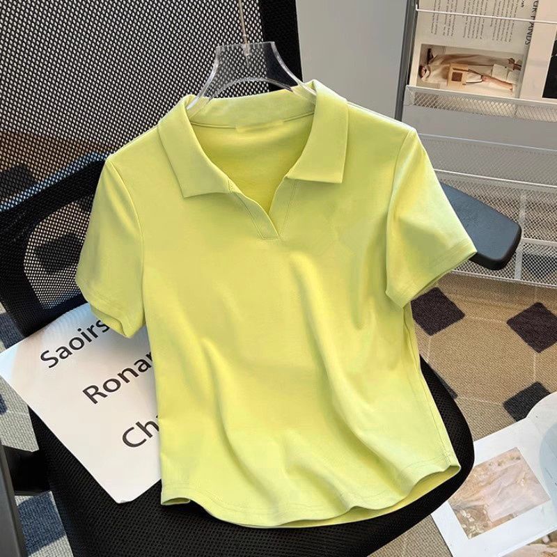 ポロラペル半袖 Tシャツ女性のための 2025 新しい夏ファット mm 右肩カバー腹痩身カーブヘムトップスシャツ|undefined