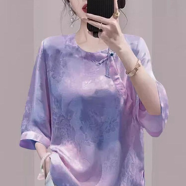 New Chinese-Style Loose-Fitting Slimming 2026 Summer New Niche Chic High-End Purple Buttoned Short-Sleeve Shirt for Women