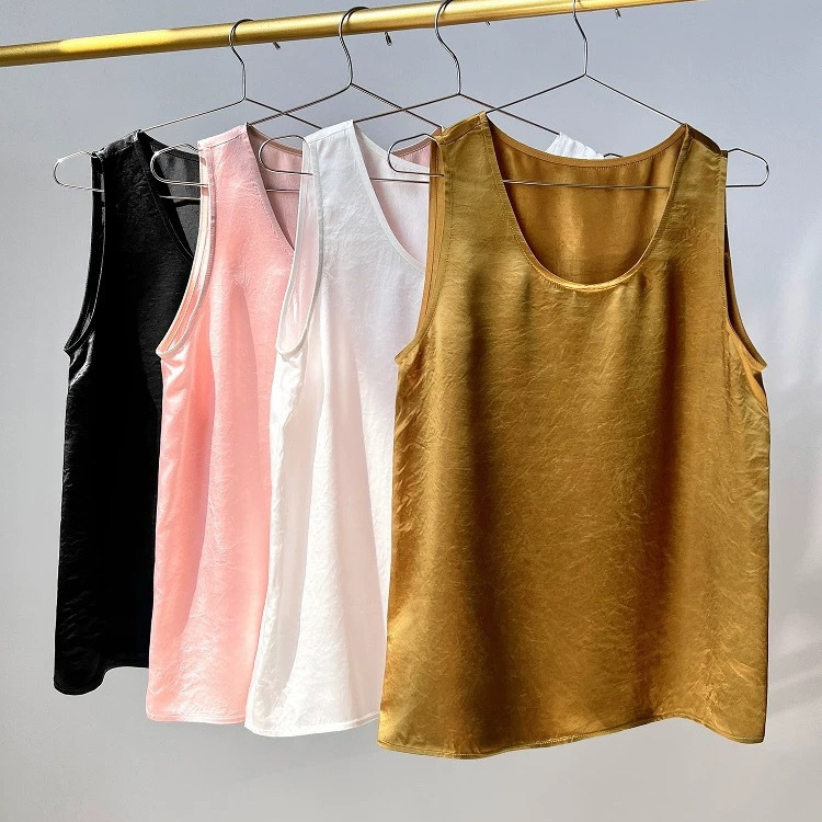 2025 Autumn New High-End Satin 100% Triacetate Round Neck Wrinkled Sleeveless Vest Women's Base Layer Top