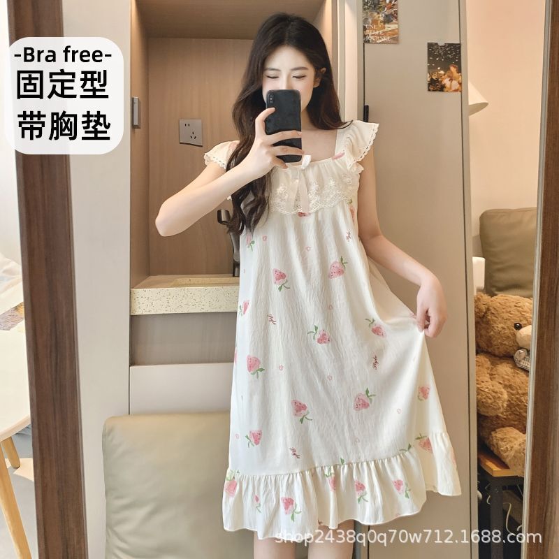 2025 New Summer Style Cloud Cotton Small Flying Sleeve Girl's Nightgown Loose Mid-Length Thin Loose Cartoon Cute 2025 New Summer Style Cloud Cotton Small Flying Sleeve Girl's Nightgown Loose Mid-Length Thin Loose Cartoon Cute