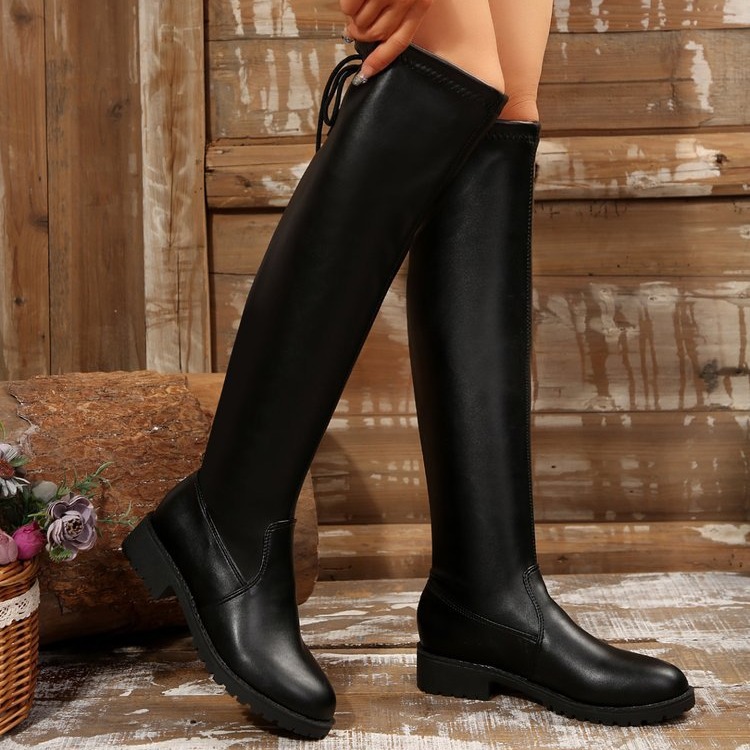 2024 nieuwe plus size elastische laarzen voor dames, dikke hak, achterband, hoge snit, afslankende leren laarzen, ridderlaarzen_voghion.com