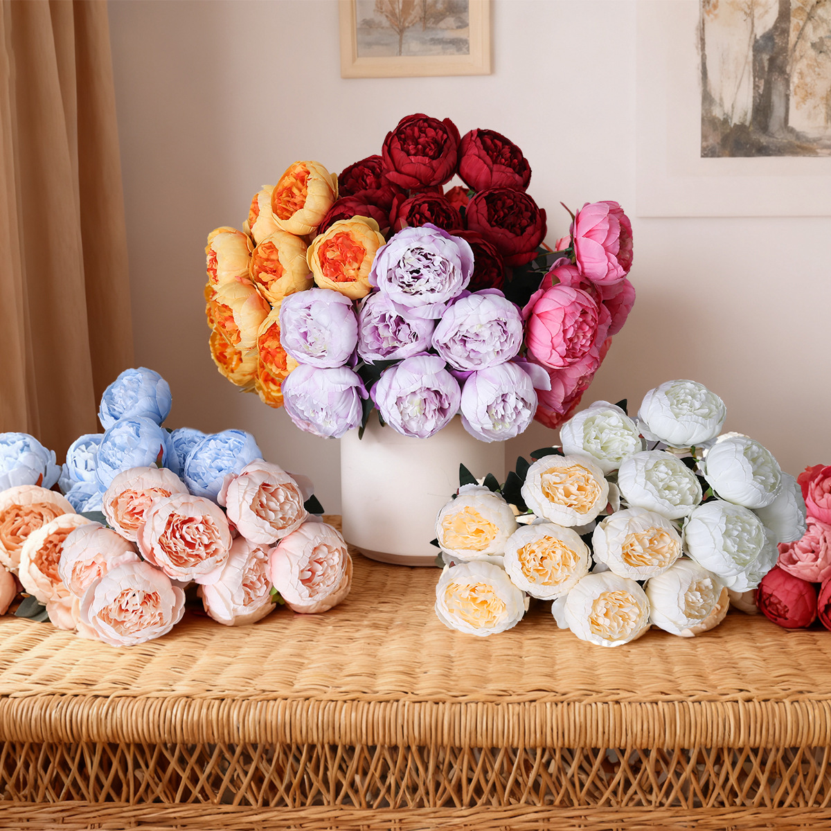 Simulación de 7 cabezas núcleo de peonía peonía flores de boda hotel decoración de flores de pared ornamentos ramo de flores de mano