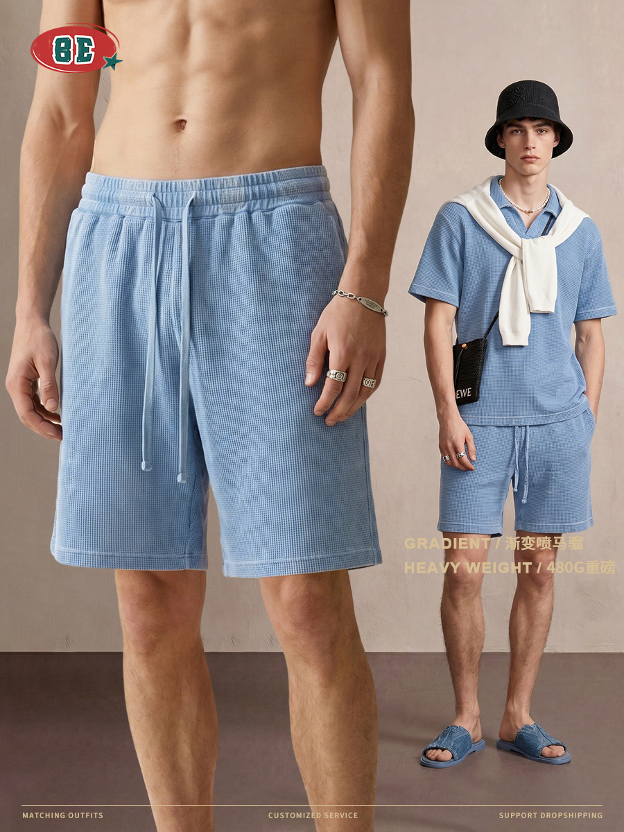 Be Hombres| Retro lavado con agua hace viejos pantalones de cinco puntos de estilo de dinero para hombre, pantalones cortos de textura de waffle sueltos transpirables para hombre