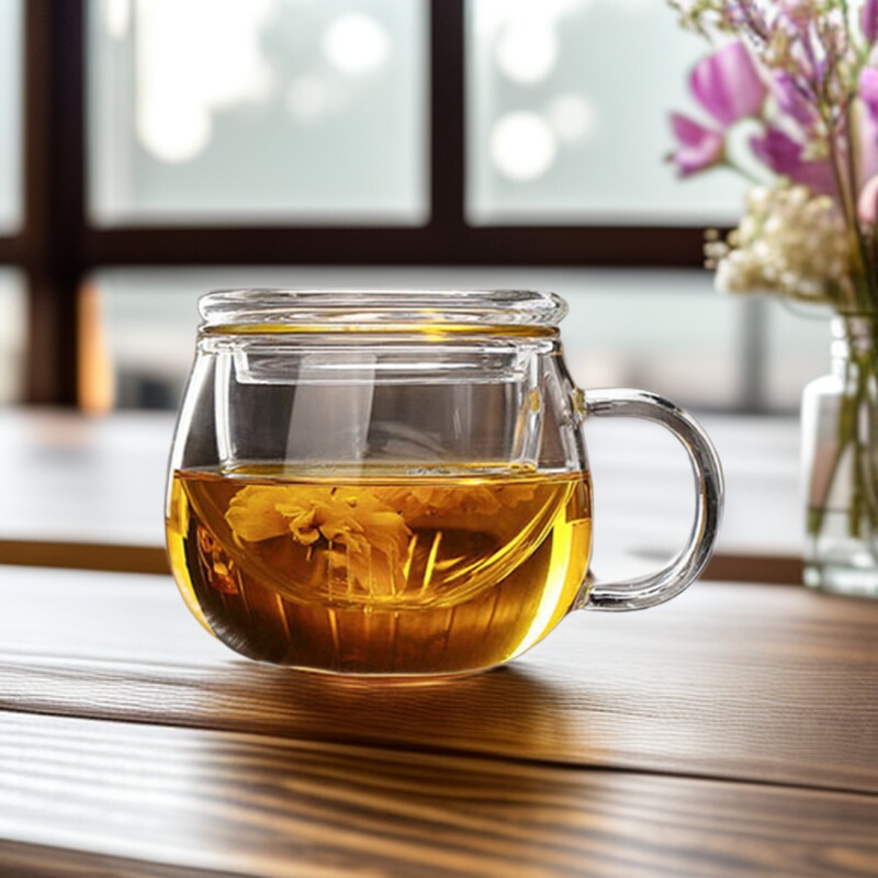Flower Tea Cup, Tea Brewing Cup, High Borosilicate Glass Three-Piece Set, High Temperature Resistant, Modern Simple Cup, Household Round Cup, Daily Use