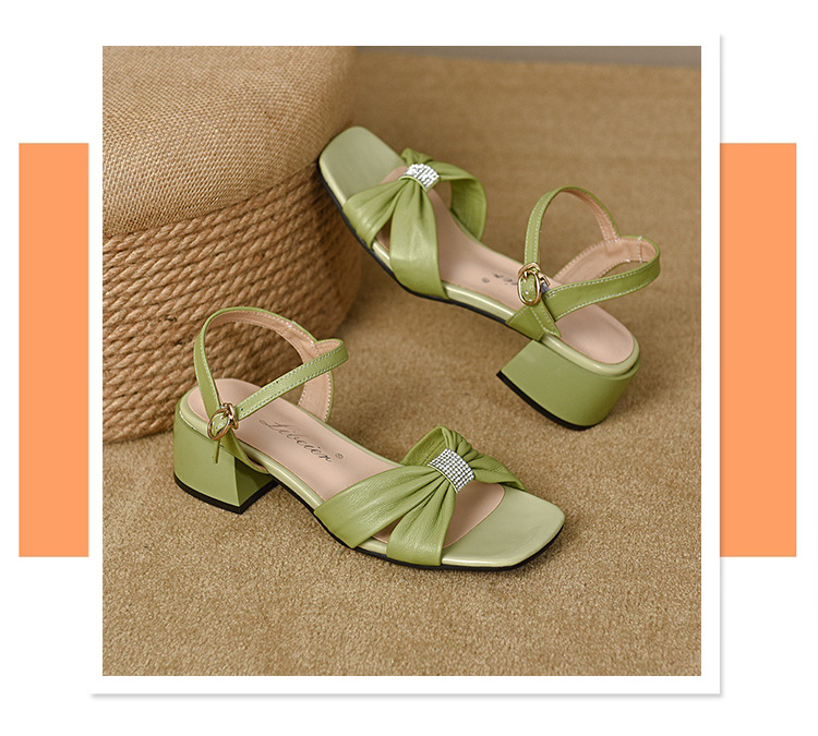 Sandal hở mũi nữ da thật gót vuông quai ngang thanh lịch — Màu đen chi tiết 2