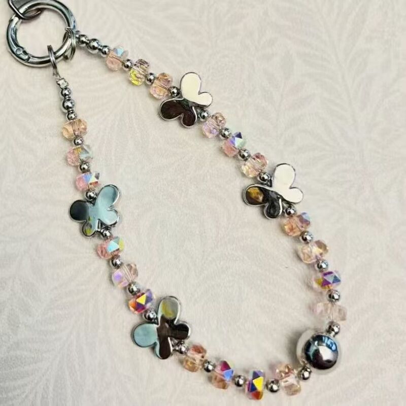 Short High-End Lanyard Beaded Wrist Keychain Bag Chain Car Phone Case Pendant Luxury Bag Phone Butterfly Rhinestone