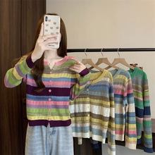 2023年新款秋季彩虹条纹圆领韩版长袖针织开衫宽松显瘦镂空毛衣女