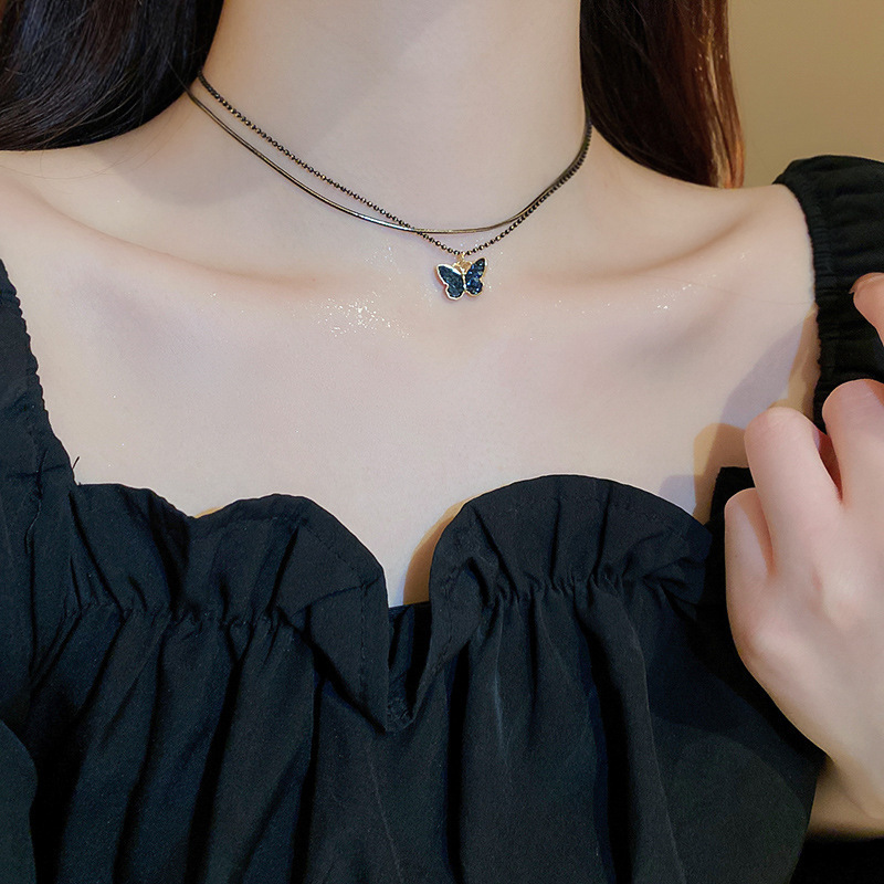 黒の二重蝶のネックレスのギャルの甘いクールな風の個性のデザイン感のロックチェーンの韓国の百合の気質の首のチェーンの女性|undefined
