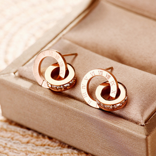 European and American Roman Diamond New Creative Earrings Rose Gold Titanium Steel Earrings Women's Double Ring Popular Earrings Jewelry