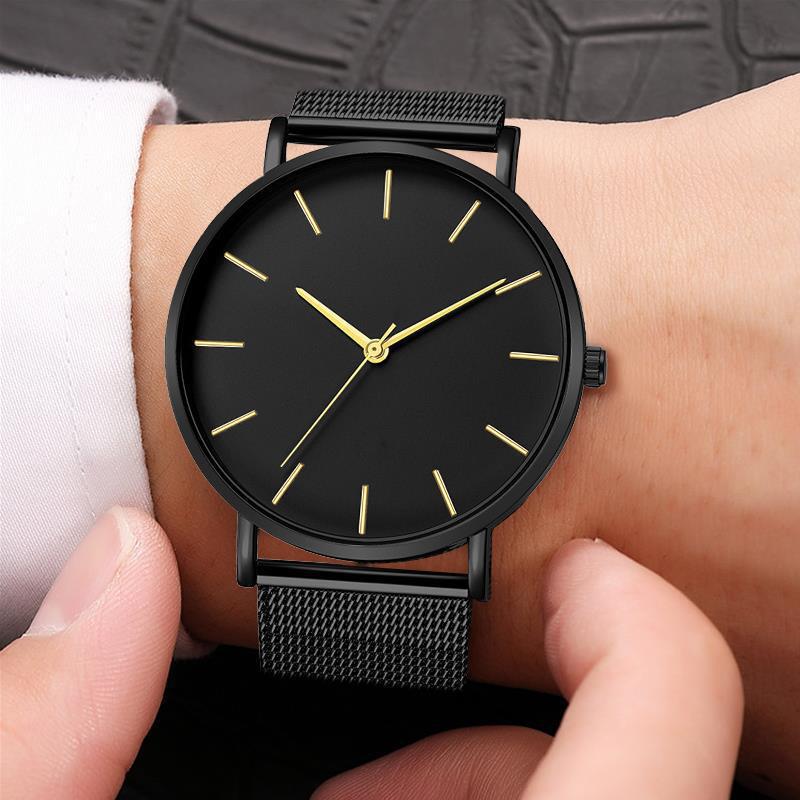 Enkel quartz klocka för män med mesh armband stilren design_voghion.com