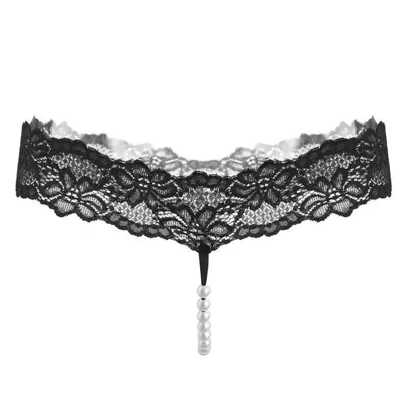 Cross-border erotic panties with pearl massage, sexy lace temptation thong, open crotch, easy to remove, transparent European and American T-string panties