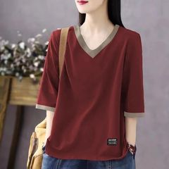 綿ファッションカラーブロックVネックミッドスリーブTシャツレディース夏大きいサイズゆったりお腹カバー着痩せ万能七分袖トップス