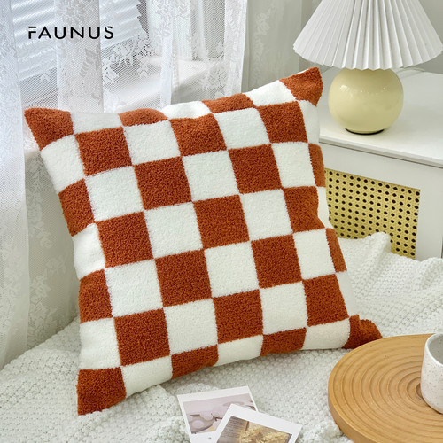 Nordic ins checkerboard living room bay window sofa cushion French cream style abstract geometric embroidery cotton pillowcase