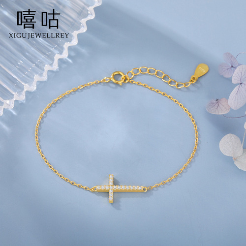 Xigu H0053 S925 Silver Cross Simple Slim Bracelet Women's Fashionable Commuting Silver Bracelet Jewelry