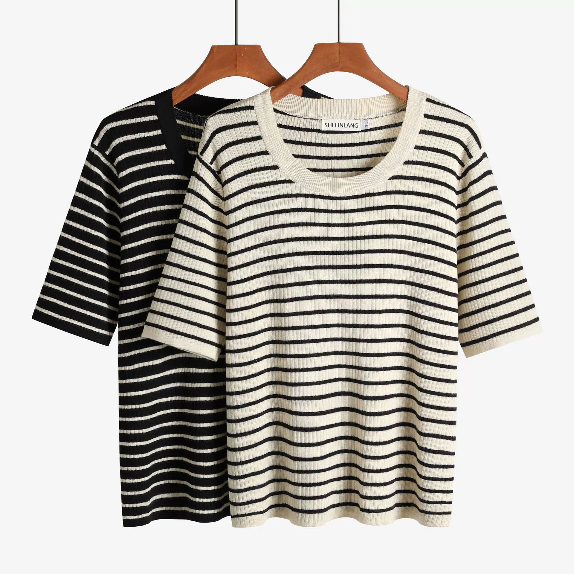 2025 ретро, большой размер, толстый летний трикотаж, полосатая женская футболка с короткими рукавами, свободный пуловер в стиле ретро с U-образным вырезом