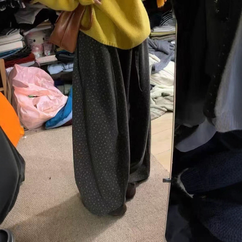 韩系复古小清新碎花阔腿裤女秋季宽松松紧高腰慵懒风垂感直筒长裤|undefined