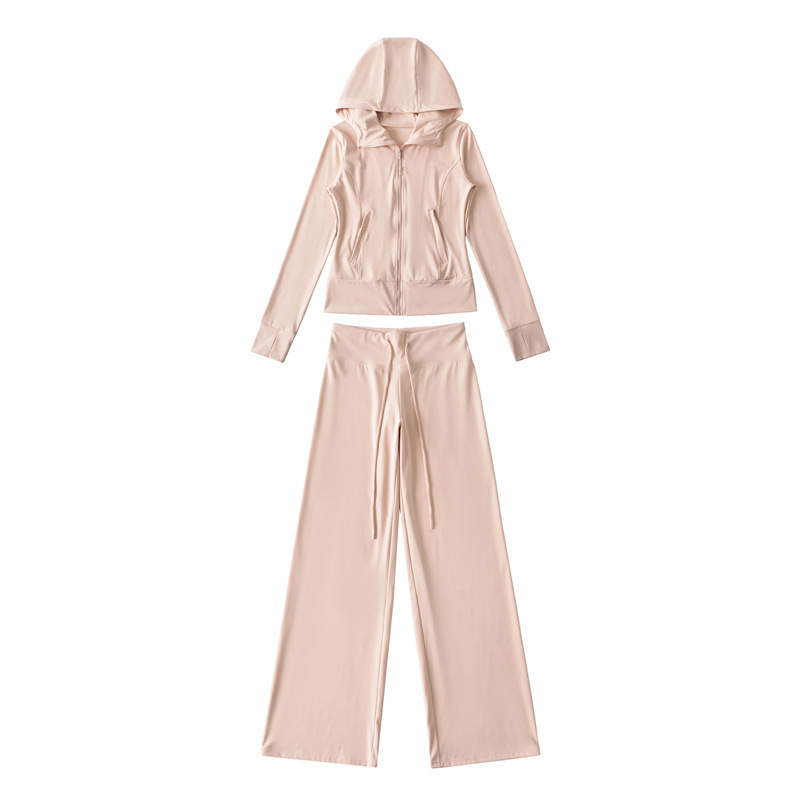 Sun-Protective Slim-Fit Hooded Sweatshirt Yoga Top Cardigan Jacket + High-Waisted Drawstring Straight-Leg Pants Sports Set