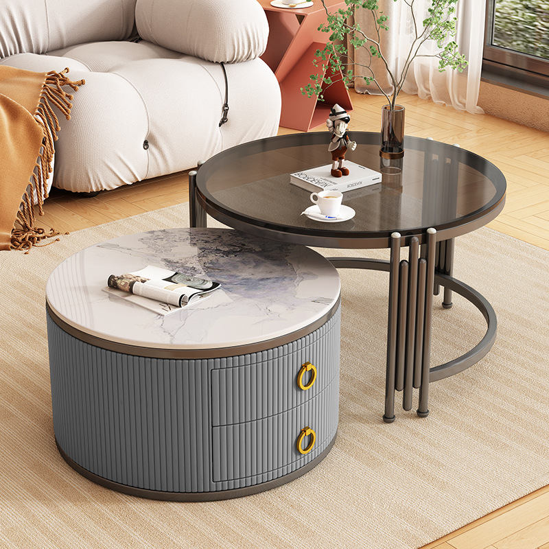 Tabla de té moderna de vidrio de roca personalizada combinación de tamaño para sala de estar simple retráctil redonda pequeña casa adecuada