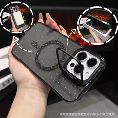 iPhone17用グリッター磁気吸着式スマホケース、レンズスタンド付き、耐衝撃、Apple 16promax用高級保護ケース