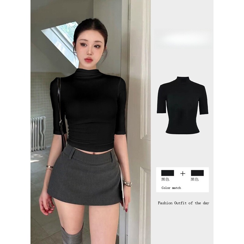 High-elasticity half-high collar T-shirt for women, slim-fit, short-length, mid-sleeve, summer slimming solid color base shirt