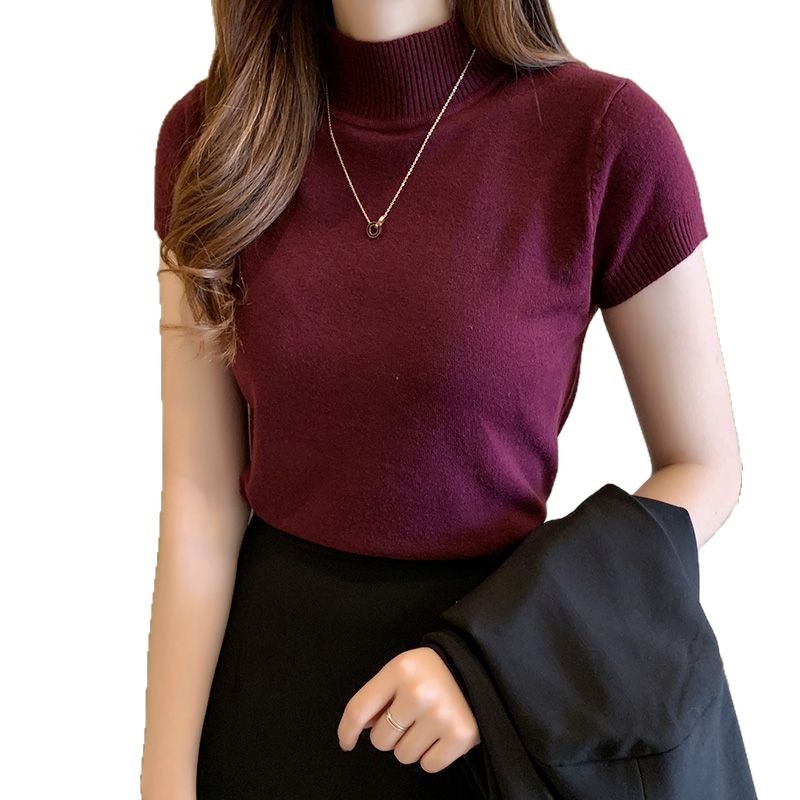 卸売トップス夏の女性の薄いハーフタートルネックボトリングシャツレディース Tシャツ半袖ドーパミンニットセーター夏薄い|undefined