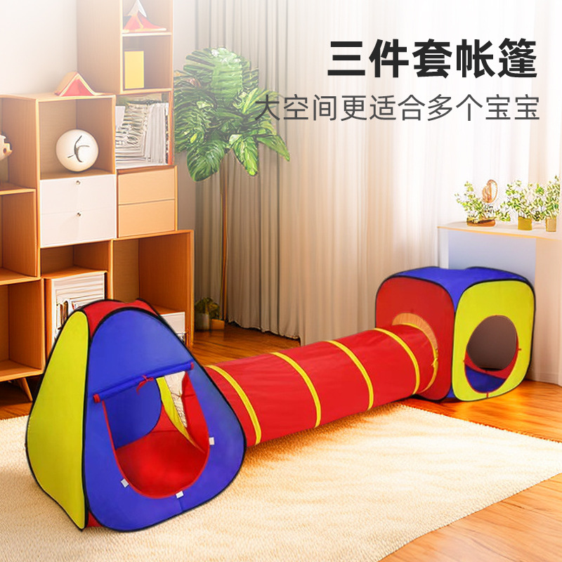 Tienda interior de los niños vendedores calientes del Amazonas tres-en-uno azul amarillo rojo de la casa del juego del bebé que se arrastra el traje del túnel en existencia