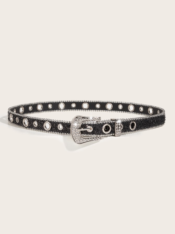 2024 New Fashion Versatile Water Diamond Willow Nail Silver Needle Button Thin Belt Women's Jeans Belt Dress Decoration Narrow Accessories_viptrois.com