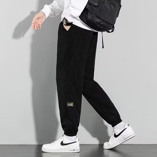 Linen corduroy winter warm padded loose ankle pants for men, Korean style fashionable spring and autumn elastic long pants