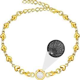 外贸欧美不锈钢100种语言投影饰品定 制高清图片心型连连手链跨境