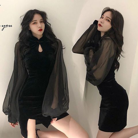 Slimming Cheongsam Autumn and Winter New Style Stand Collar Lantern Sleeves High Waist Skirt with Slit and Hip-Hugging Chiffon and Velvet Patchwork Dress
