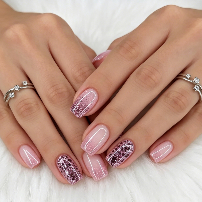 Cross-Border Best-Selling 24-Piece Nail Art Set with Unique Simple Gradient Glitter Design, Short Square Press-On Nails Wholesale