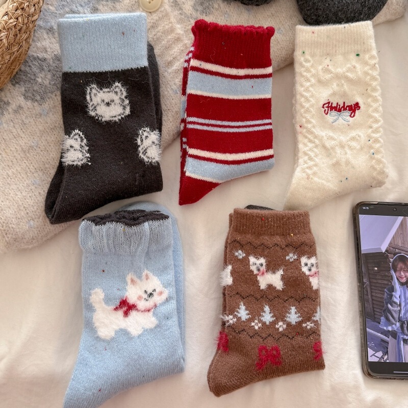 Wool Socks Set Is Here~ Autumn and Winter Yarn Fair Isle Cartoon Butterfly Socks for Women, Thickened and Warm Slouch Socks