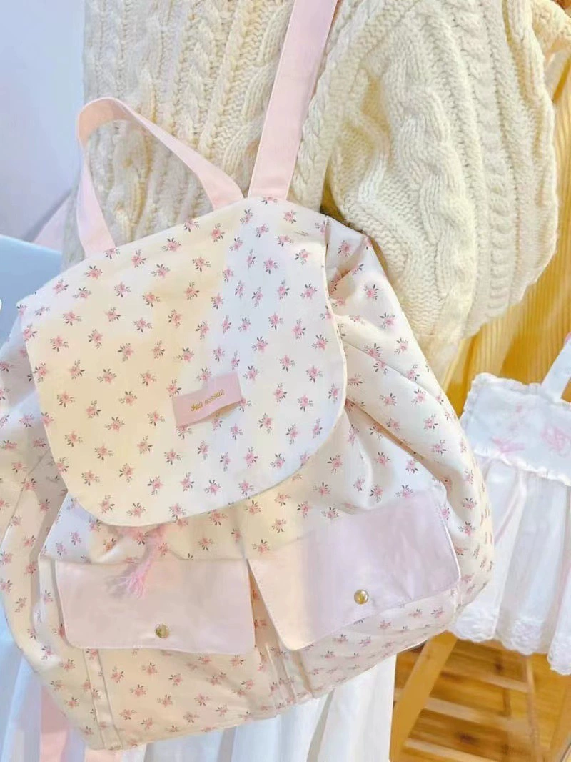 Cute Floral Backpack, Lightweight Pink Canvas Style, Small Daypack