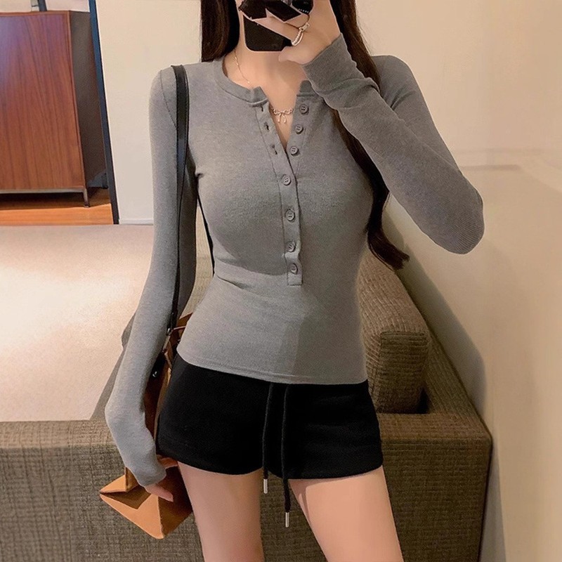 美式辣妹半开圆领纽扣长袖T恤秋季打底衫紧身显瘦内搭打底衫上衣|undefined