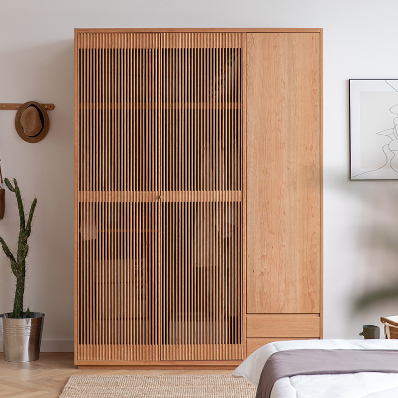 Nordic Japanese-Style Cherry Wood Wardrobe, All Solid Wood, Simple Modern Flat-Open Grille Door Wardrobe, Three-Door Coat Cabinet