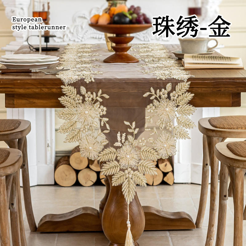 跨境美式轻奢桌布长条绣花蕾丝网纱电视柜盖巾家用餐桌桌旗亚马逊|undefined