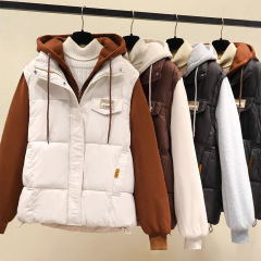 韩系拼接假两件套棉服马甲女秋冬季2025新款时尚洋气连帽卫衣外套