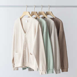 双面华夫格开衫外套男宽松V领夹克莫兰迪色日系休闲宽松秋季外穿