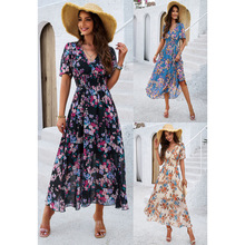 2025春夏外贸气质印花收腰短袖雪纺连衣裙