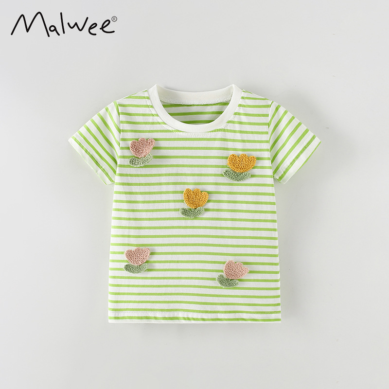Malwee transfronterizo verano nueva camiseta de niñas a rayas para niños camisas de manga corta impresión de moda para niños europeos y estadounidenses