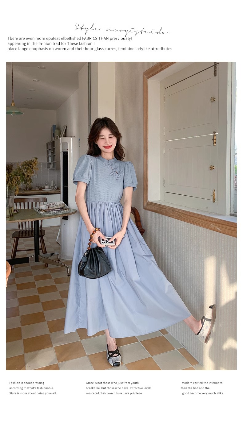 Blue Chinese Style For Women, Summer 2025 New Model, Improved Cheongsam, Elegant And Slimming Long A-line Dress_ecoleips.com