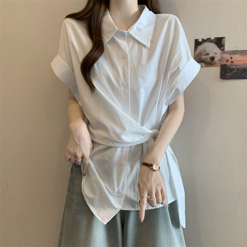 白色正肩短袖衬衫韩系大码女装夏胖mm收腰不规则绑带显瘦遮肚上衣